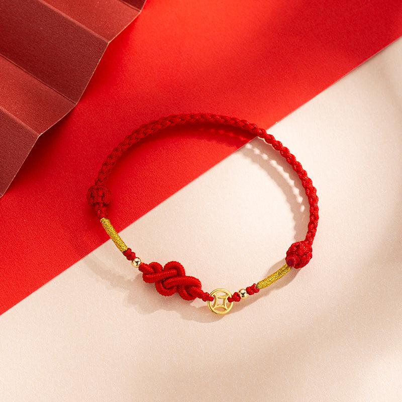 Handgefertigtes geflochtenes Glücksknoten Kupfermünz Armreif für Frauen Männer Rotes Seil Beste Freunde Liebende Geschenk Armband Accessoire