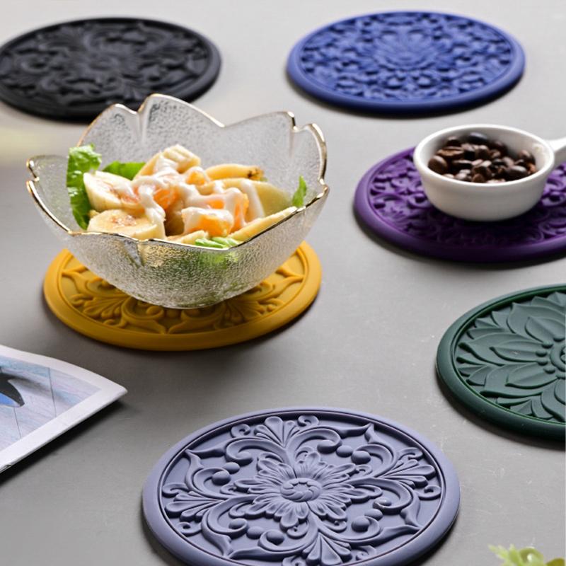 3pcs/Set Silicone Tableware Mat Vintage Hollow Carving Silicone Pad Heat-insulated Bowl Cup Pot Placemat Home Table Decor