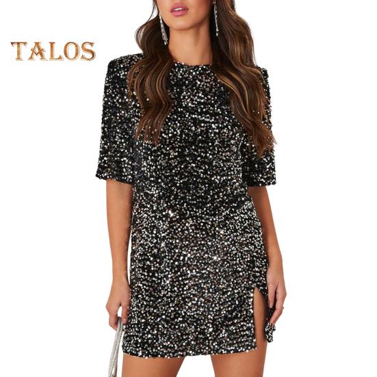 

Женское летнее платье с блестящими пайетками и короткими рукавами с разрезом подол, свободное платье трапециевидной формы с круглым вырезом для выпускного вечера, женское короткое платье XL чёрный