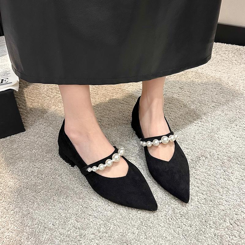 Fashion Spring new coarse heel shoes women's fashion pointed head shallow mouth beaded waterproof non-slip low-top shoes