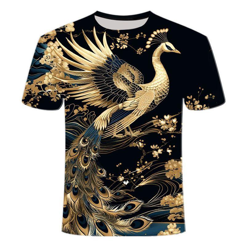 New 3D Printed Round Neck T-shirt for Summer 2024, Popular Item, Return Date, Golden Peacock Series, Men's Short Sleeved