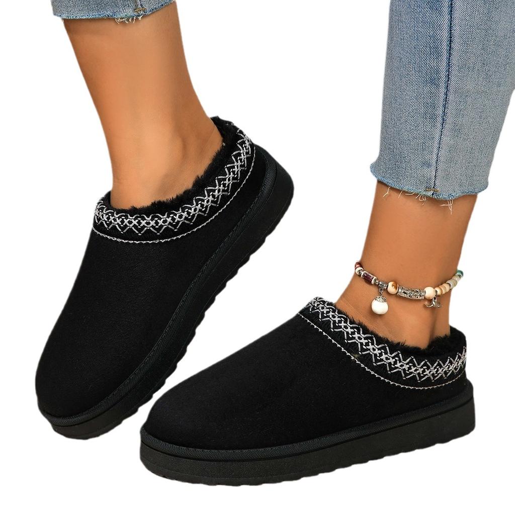 Large Size Snow Boots Women's Foreign Trade Winter Velvet Warm Thick Soles Without Heel Bag Head Fluffy Half Slippers Cotton Shoes