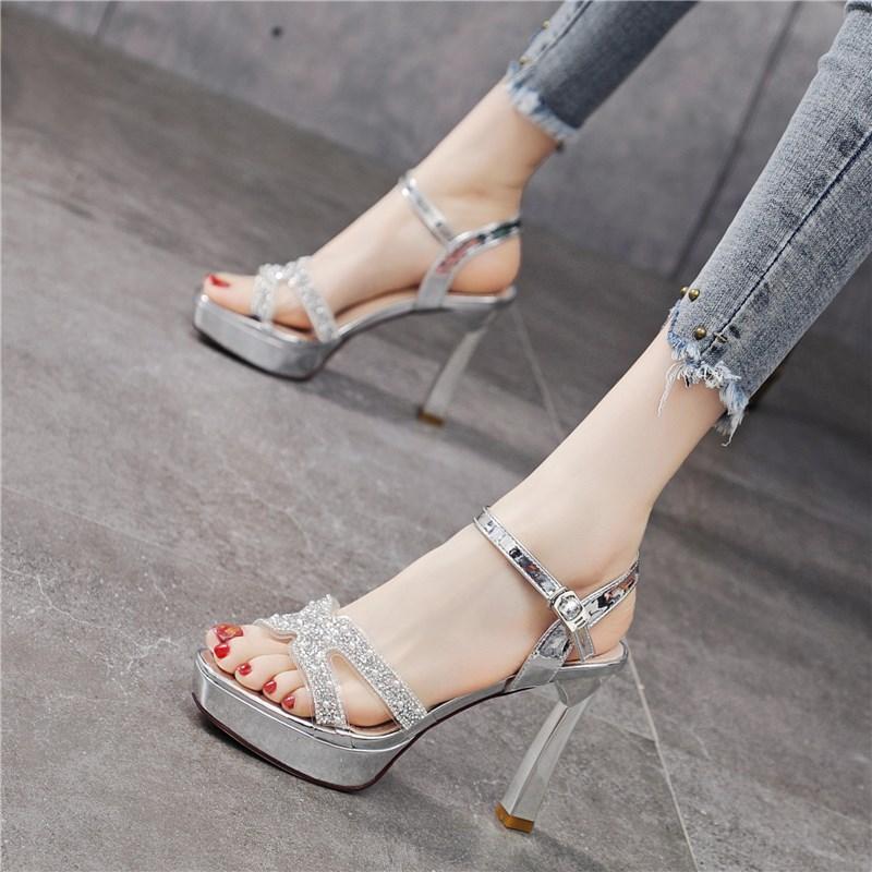 Waterproof Table Stiletto Non-slip Sandals Women's Summer 2025 New High Heels One-word Buckle Silver Banquet Women's Shoes