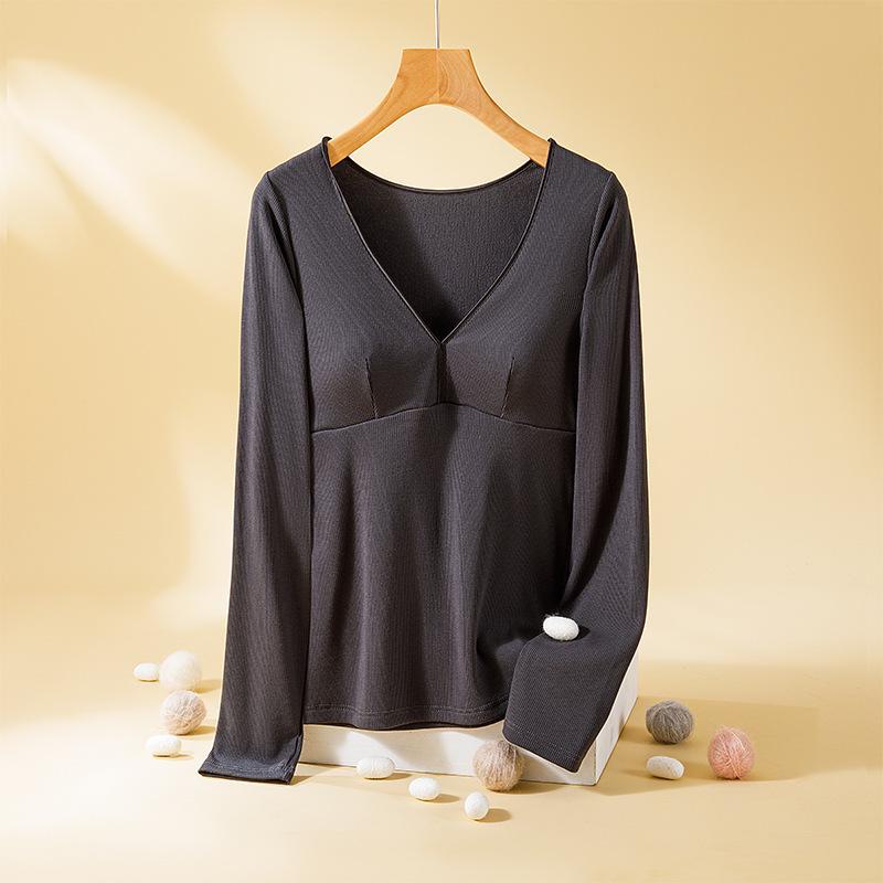 Women's Winter V-Neck Warm Tops with Chest Pads, Double-Sided Brushed Velvet, and Seamless Thickened German Velvet Bras