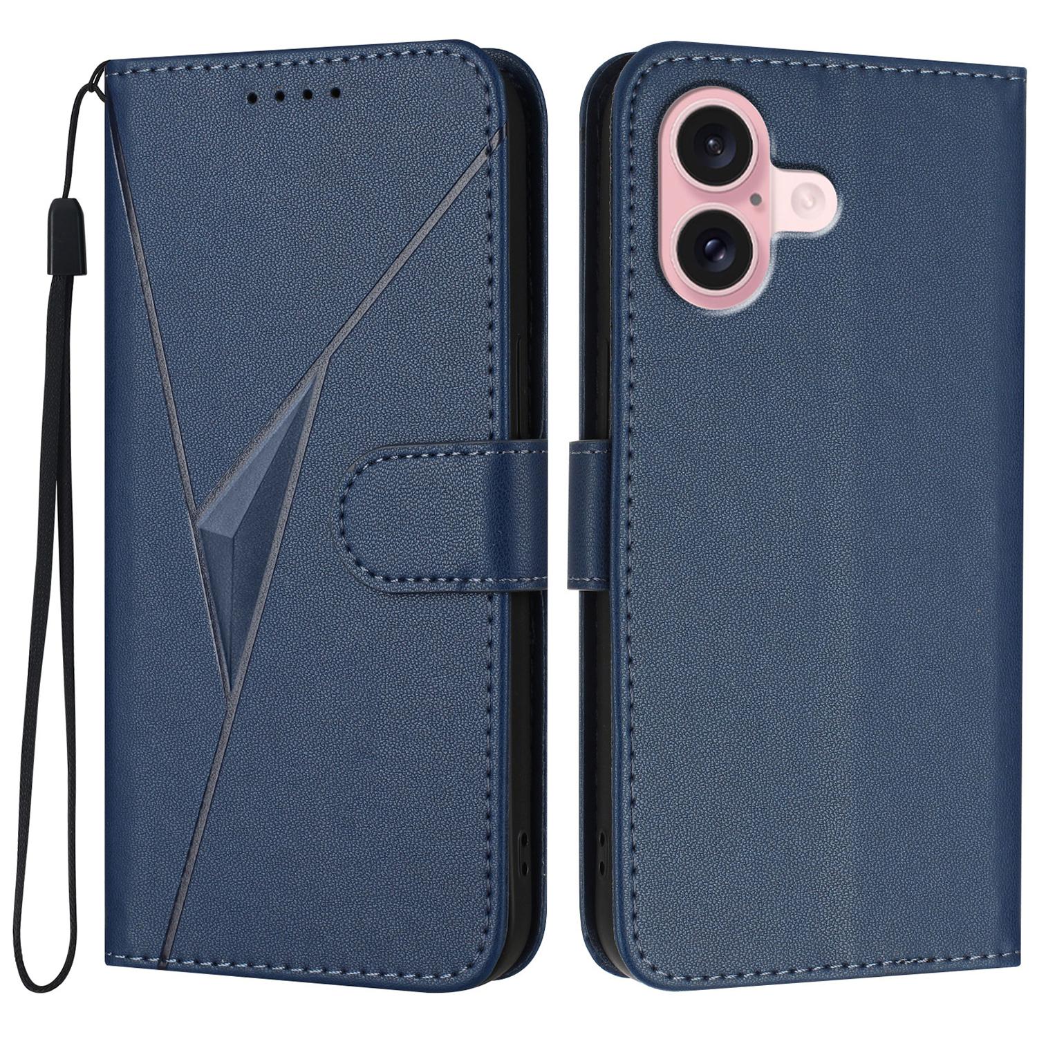 

YX0090 For iPhone 16 Case Triangle Imprint Leather Phone Cover with Lanyard H