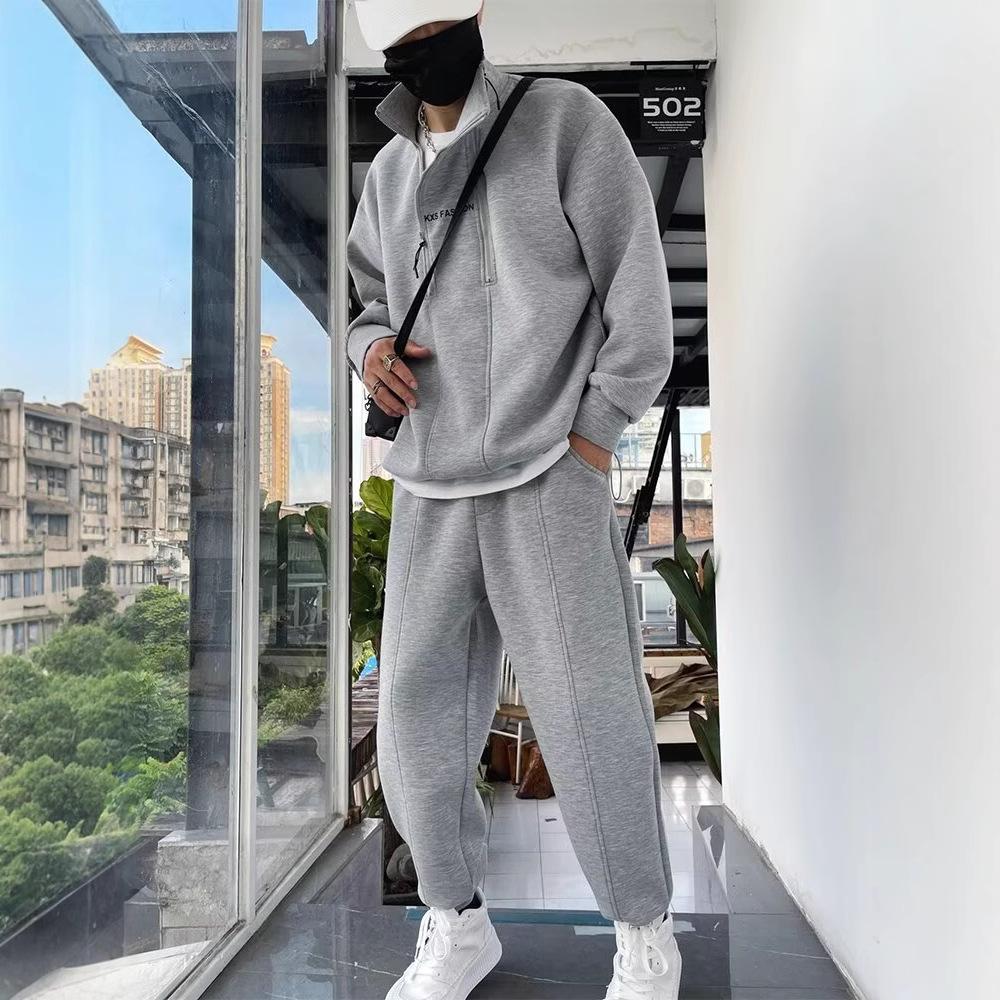 

Men s Thickened Fall/Winter Sports Set Loose-Fit Half-Open Double-Zip Sweatshirt + Sweatpants Simple Two-Piece Set XS