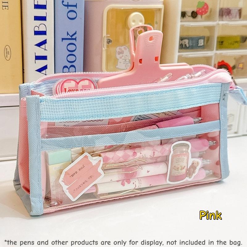 

1pcs Color Block Transparent PVC Pencil Case Pen Storage Bag for Exam Sweet Colors Large Capacity Multi-Layer Stationery A7956 рожевий