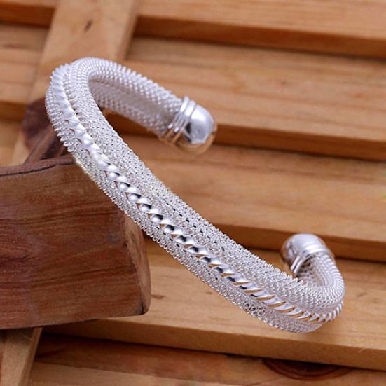 Women Casual Mesh Twisted Carving Band Silver Plated Bangle Bracelet Jewelry