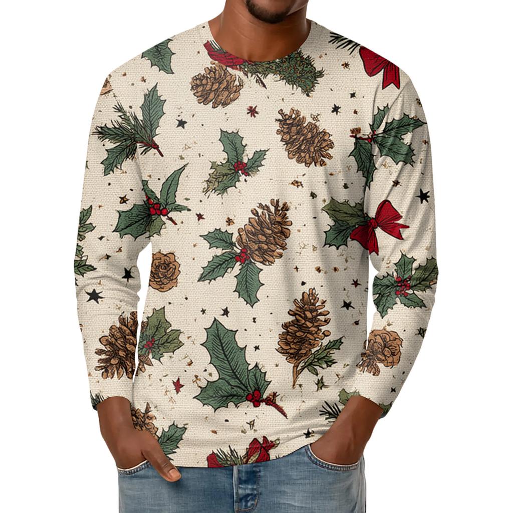 Men's Fashion Printed Round Neck Long Sleeve Bottoming Shirt Top