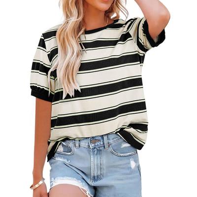 Summer Round Neck Loose Top Striped Contrasting Short Sleeved T-shirt