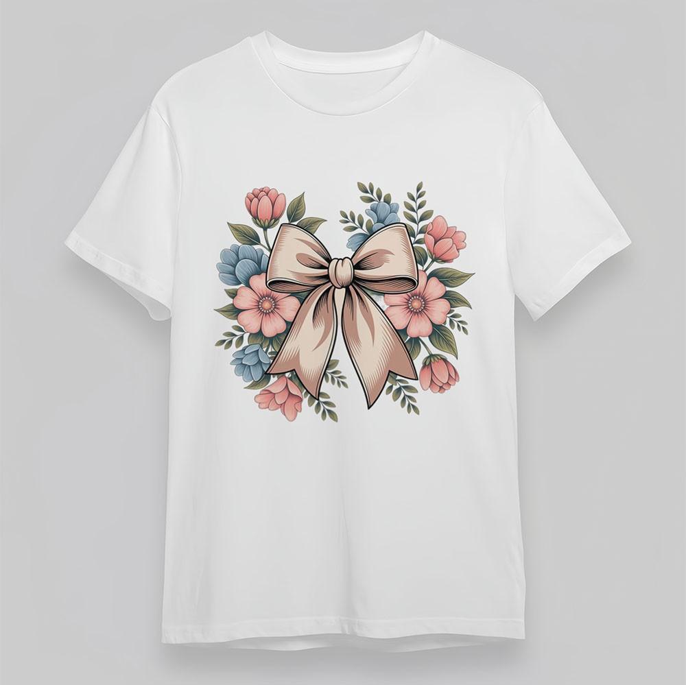

Women s Comfy T-Shirt Camellia Flower Bow Print Tee Cotton Short Oversize White L