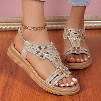 Sandálias de strass para mulheres com tira elástica no tornozelo sapatos de praia boêmios moda cristal floral casual sapatos de dedo aberto