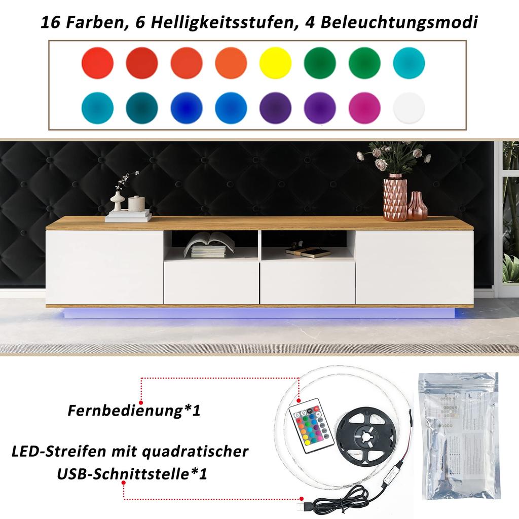 TV Lowboard 180cm Breite LED Beleuchtung, Moderner TV Schrank 2 Schließfach 4 offenes Regal, Wohnzimmer Esszimmer, Weiß & Eiche, 180 x 40 x 50 cm