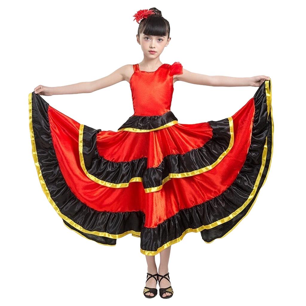 Mädchen Farbblock Tanzkleid Asymmetrische Schulter Stufenrüschen Weiter Saum Flamenco Kostüm Kopfbedeckung