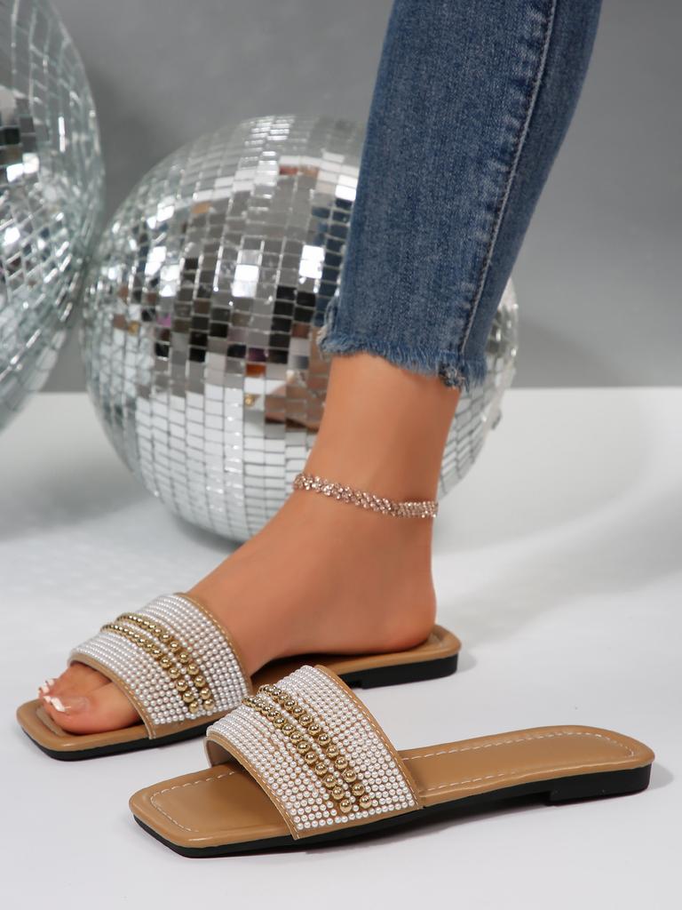 [Foreign Trade] Korean version of rhinestone flat-bottomed slippers, female outer wear, fairy wind-cool slippers, square head open toe one-word drag