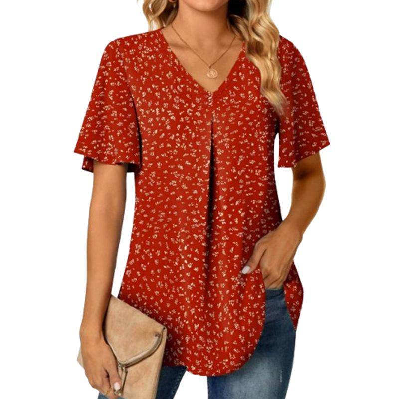I Lager Sommar Blommig V-Hals Lös Kort Ärm Orange Topp