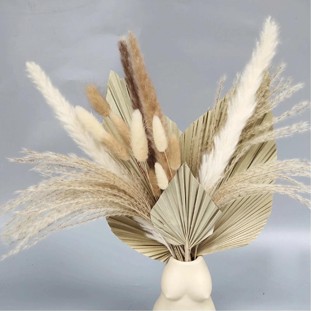 19pcs Simulation Palm Leaf Reed Rabbit Tail Grass Pampas Grass Flower Bundle Bohemian Wedding Home Decor Flowers Bouquet