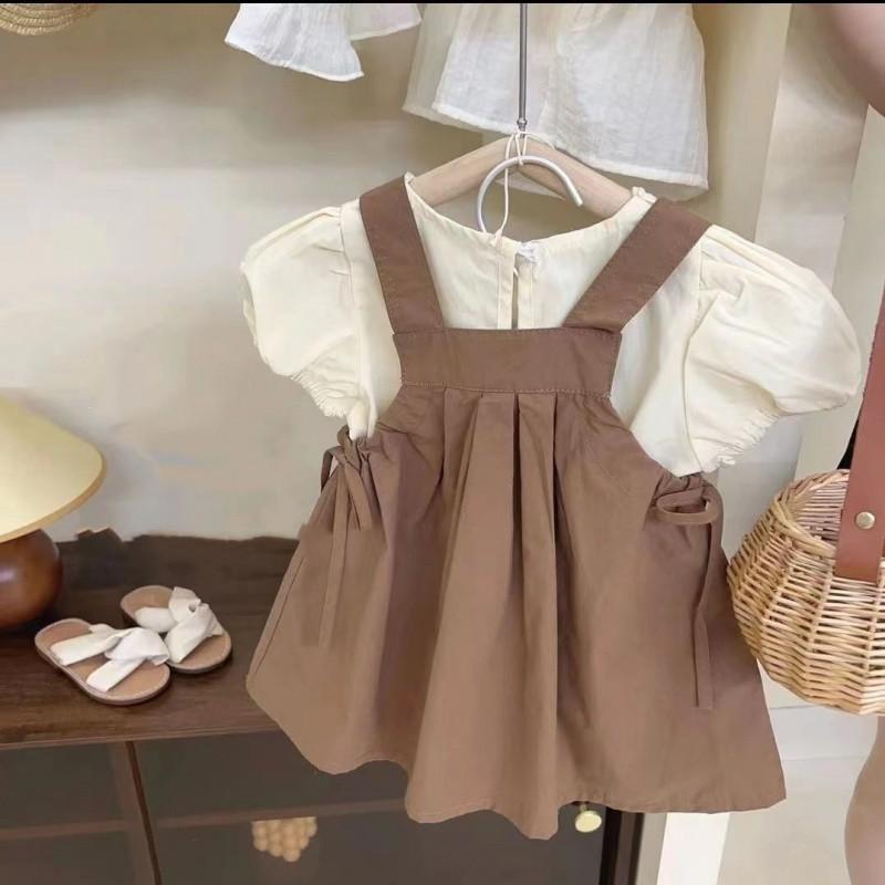 Charming Girls Two Piece Outfit 2024 New Summer Short Sleeve Dress Set For Kids