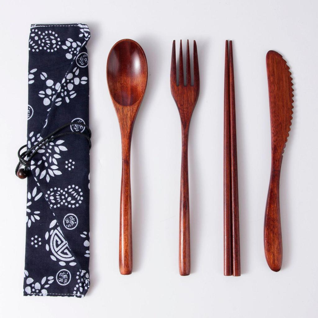 Japanese Wooden Portable Tableware Set: Long-Handled Spoon, Fork, and Chopsticks - Korean Style Three-Piece Set for Outdoor Use.