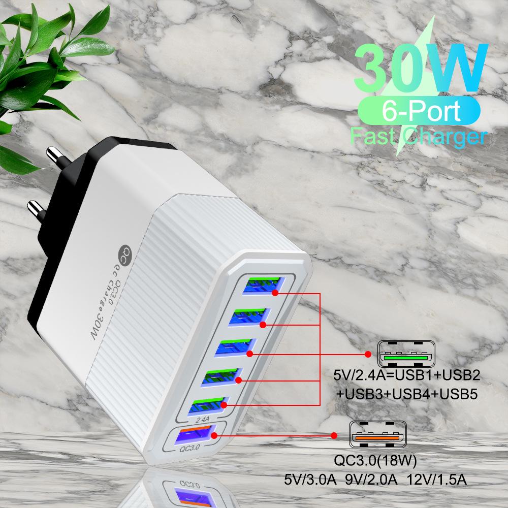 QC3.0 30W Six-Port Fast Charger with EU/US/UK/AU Plugs