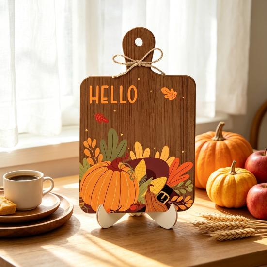 Seasonal Desktop Display Hello Fall Wooden Sign, Cutting Board Shape Autumn Harvest Tabletop Ornament with Centerpiece for Dining Table Hanging Rope &