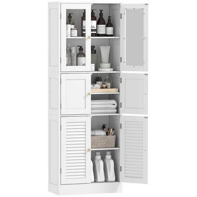 Tall Bathroom Cabinet, Storage Unit with 6 Doors Including 2 Glazed and 2 Louvered, Adjustable Shelf, White