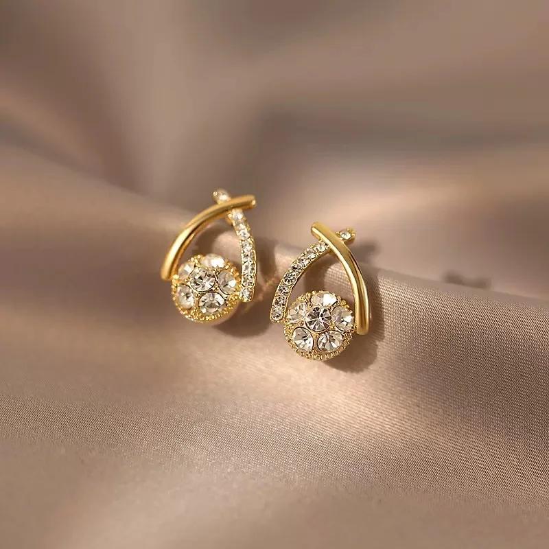 Korean Cross Big CZ Crystal Stud Earring for Women Golden Temperament Design Trend Simple Cute LOVE Wedding  Zircon Girl Gift