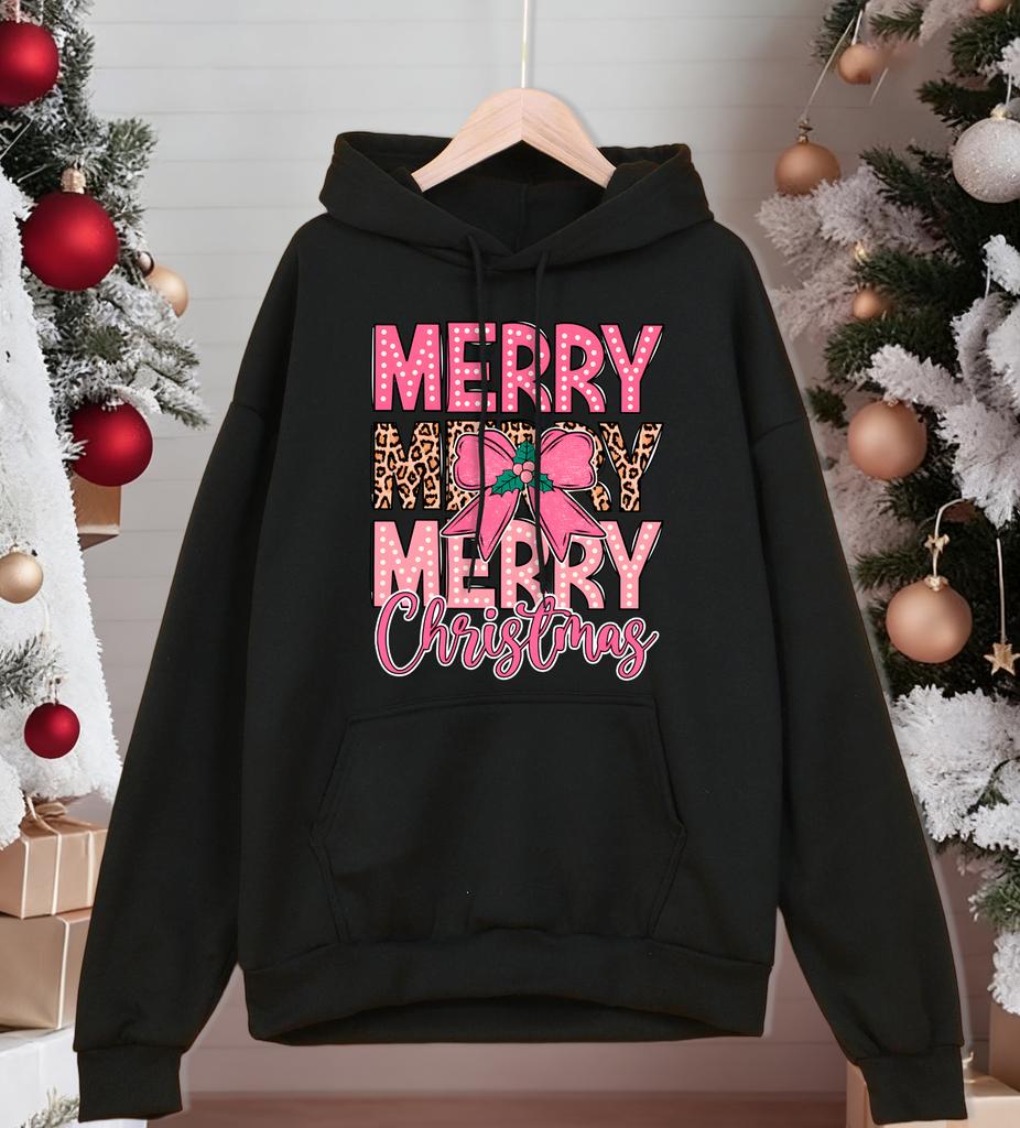 Merry Christmas Pink Bow Printing Men Hoodies Autumn Casual Hoody Fleece Comfortable Clothing Male Loose Unisex Pullovers