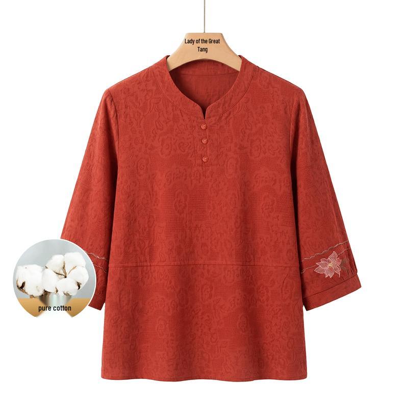 New Chinese Style Embroidered Cotton T-Shirt for Women 3XL