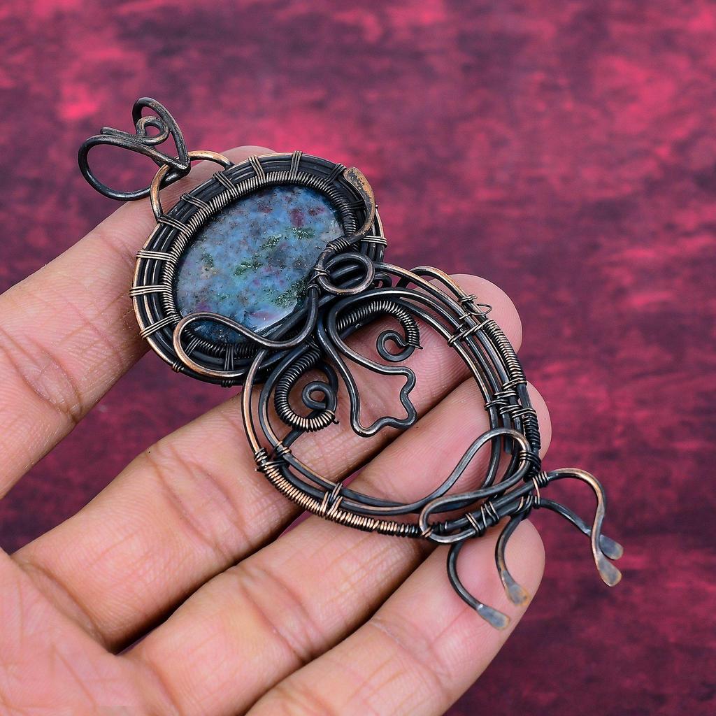 Ruby In Blue Kyanite Gemstone Pendant Copper Wire Wrapped Handmade Pendant