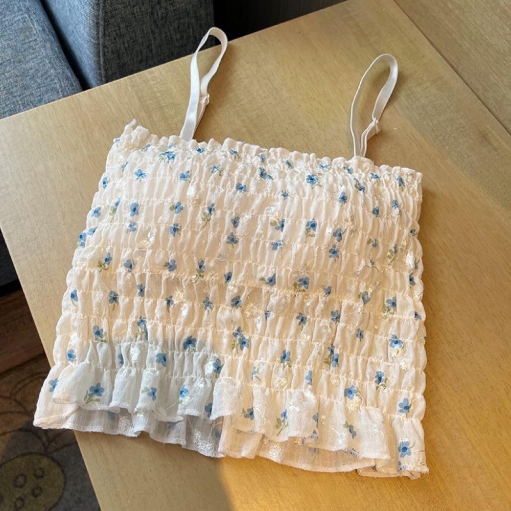 

Цветочный топ-топ с бретельками через шею, укороченный топ для женщин, летний топ с подкладкой на груди, модный повседневный топ-труба, женский укороченный жилет без рукавов One Size синий