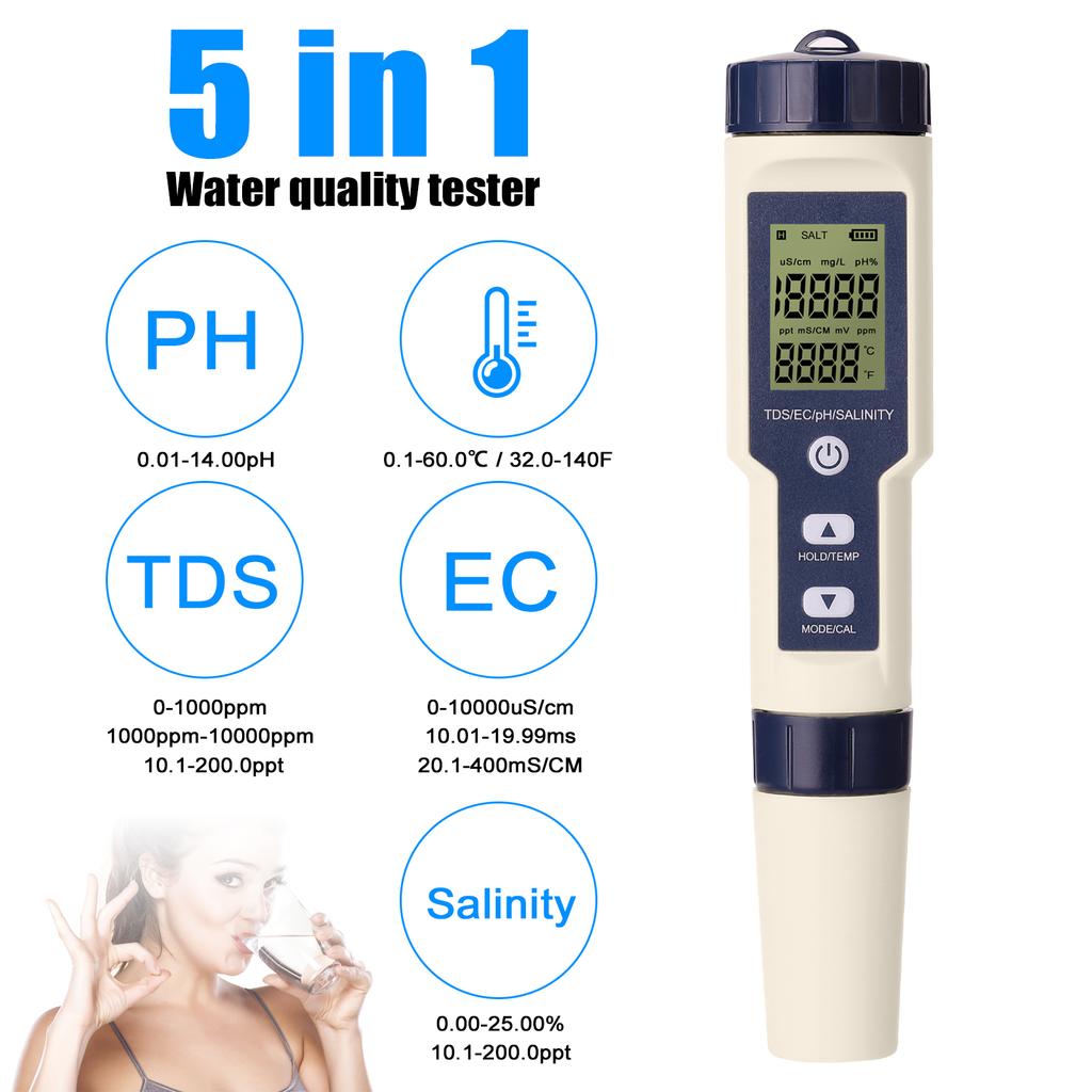 EZ-9909 5-v-1 tester PH/EC/TDS/slanost/teploměr přenosný tester kvality vody bez podsvícení s baterií