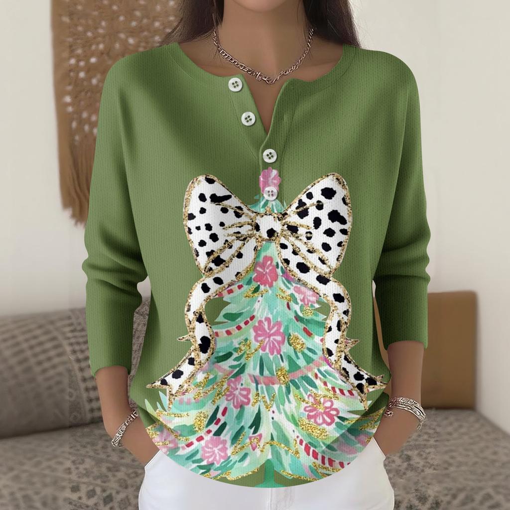 Women's Fashion Long Sleeve Christmas Snowflake Print Top Elegant Casual Top