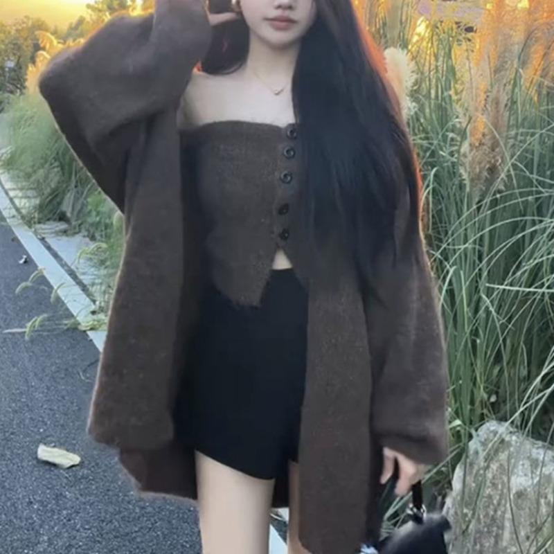 Temperament celebrity sweater set women's autumn and winter new loose tube top vest knitted sweater jacket two-piece set women