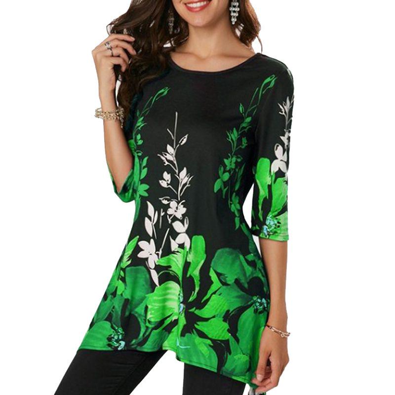 Plus Size Womens Asymmetric Floral Printed Short Sleeve Tunic Blouse For Summer Comfort