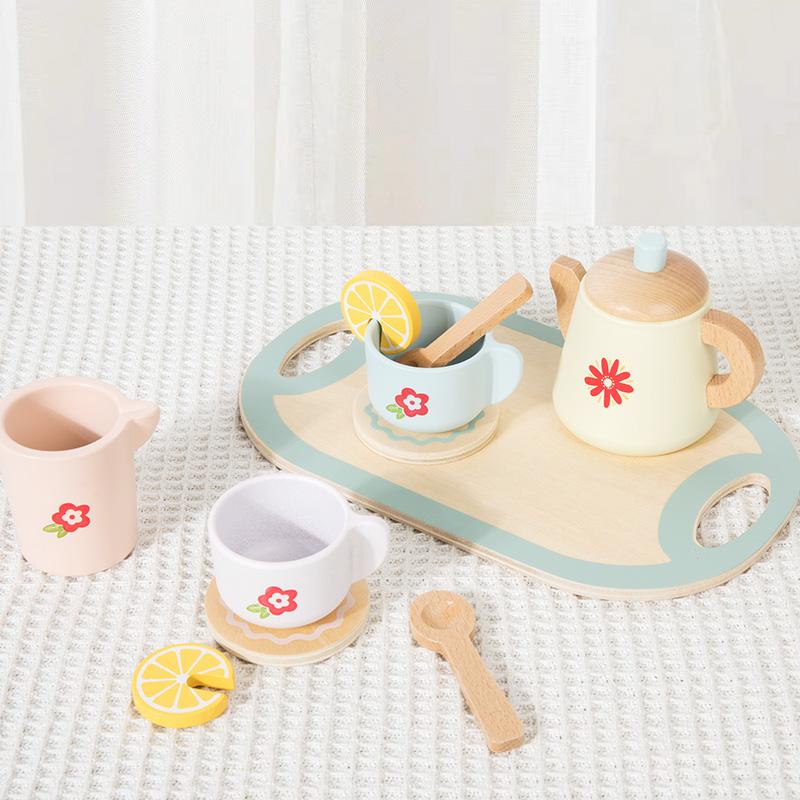 Kids Wooden Tea Set Play House Pretend Make Tea Play With Teapot Teacup Afternoon Snack Role Playing Toys Boys Girls Gift