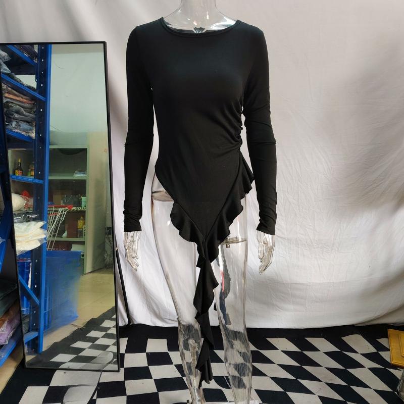 European and American Autumn Fashion Splicing Design Irregular Lotus Leaf Lace Ribbon Top