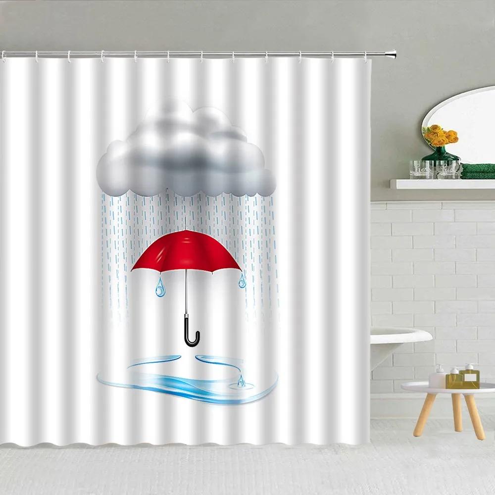 Cartoon Style Umbrella Printed Shower Curtain Colorful Rain Drops Boy Girl Bathroom Decor Waterproof Fabric Screen With Hooks