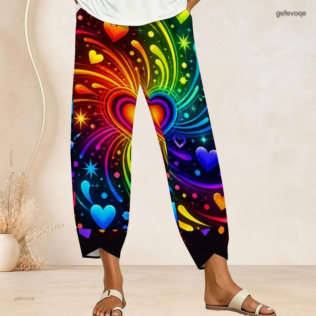 Women Plus Size Cross Hem Long Pants Colorful Sketch Heart Star Graffiti Print Loose Casual Trousers
