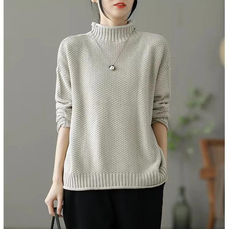 Retro Half-turtleneck Long-sleeved Sweater Women's Bottoming Shirt Tops Autumn and Winter Loose Sweater Women