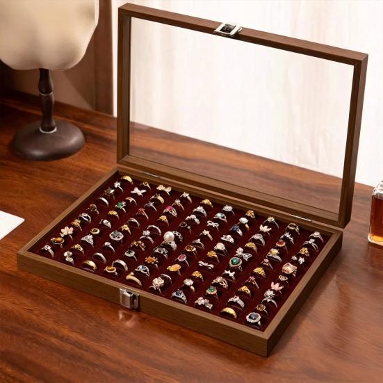Ring-Aufbewahrungsbox, Langlebiges Holz mit unterteiltem Design, Weiches Samt-Innenfutter, Mehrgitter-Schmuckorganizer, für Ringe Armbänder Ohrringe