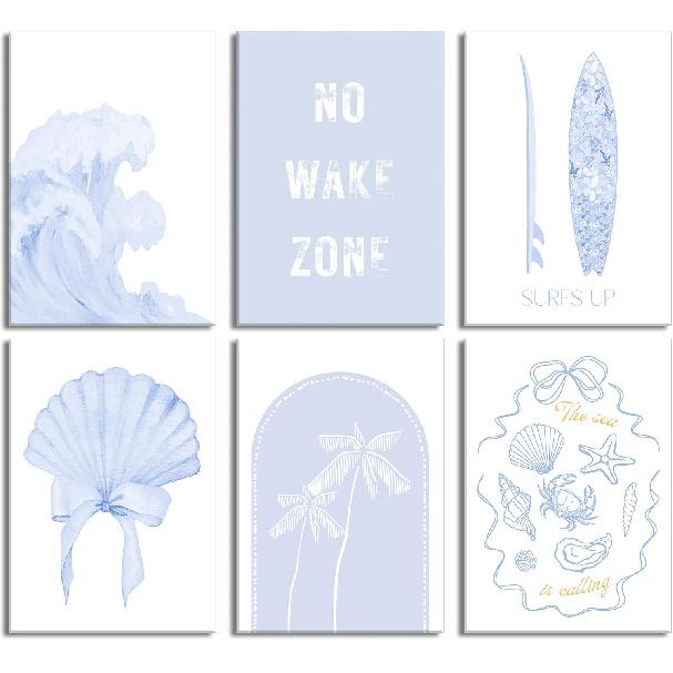 6pcs Blue Coastal Beach Wall Art Coastal Granddaughter Bow Shells Aesthetic Painting Picture Wall Decor No Wake Zone Preppy Poster Print Artwork for 10L x8W