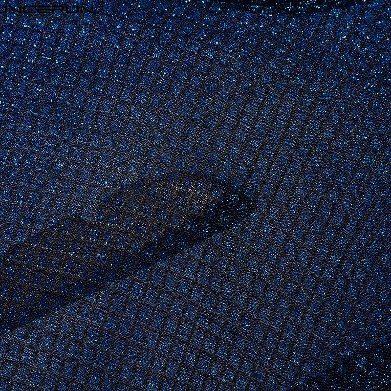 INCERUN Letnie Męskie Wysoki Kołnierz Błyszczące Kratka Frędzle Półprzezroczyste Peleryny Top