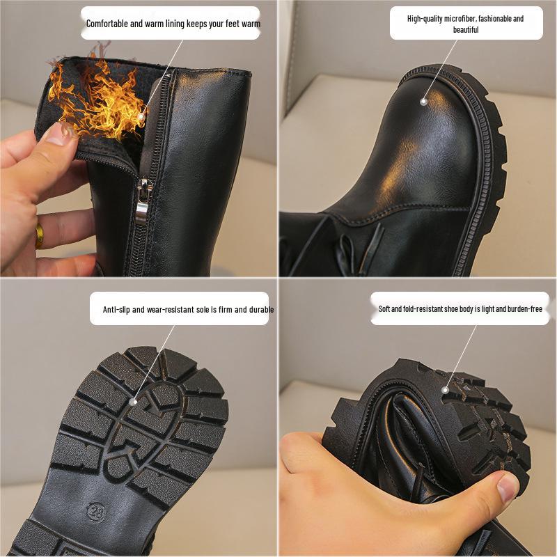 2025 Autumn/Winter Girls' High Leather Boots - Stylish Bow Princess Martin Style