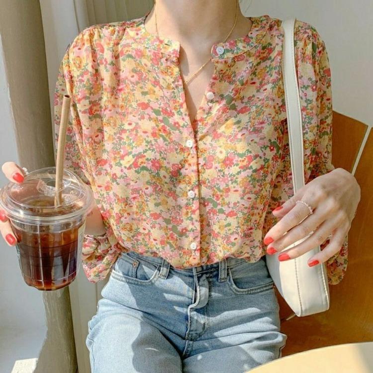 Spring New Korean Floral Shirt Top Women's Spring and Autumn Chiffon Shirt