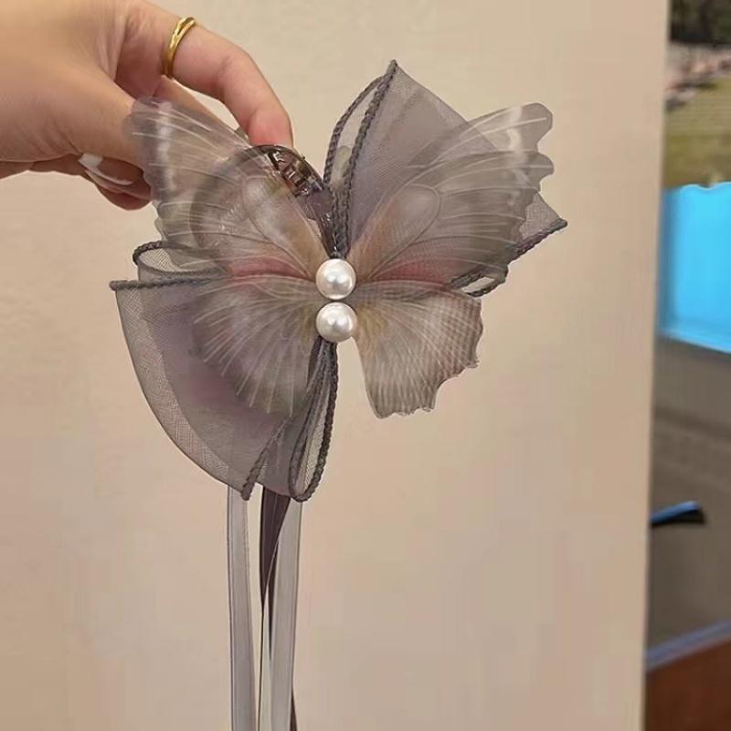 

Sweety Fairy Butterfly Hair Claw For Women Elegant Gauze Tassel Bowknot Shark Gripper Clip Handmade Cloth Hairpin Hair Accessory 4.5x8cm светло-серый