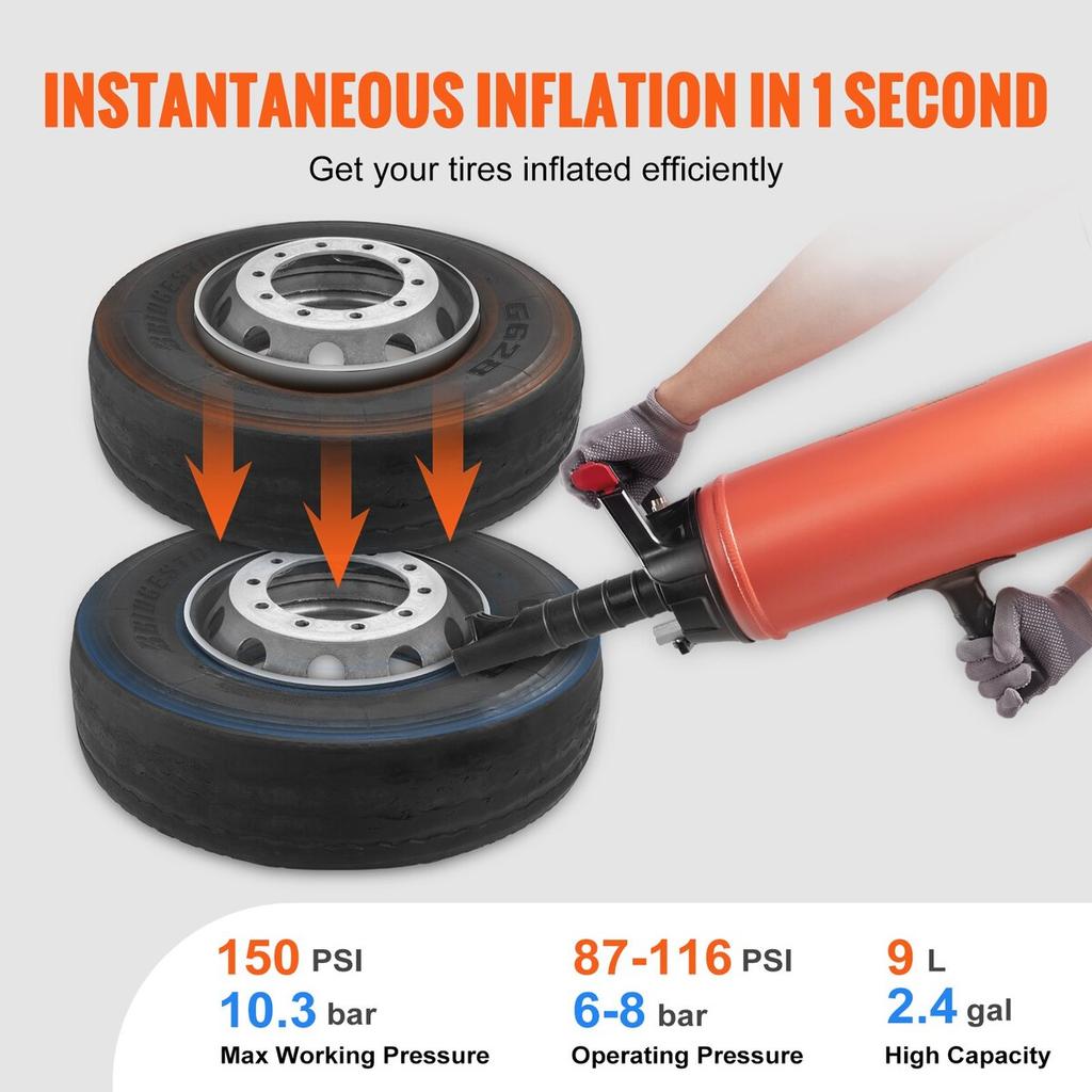 Tire Bead Blaster, 150 PSI, Handheld 2.4 Gal/9 L Air Bead Seater, Portable Inflation Tool, 87-116 PSI for Trucks, ATVs, Cars, and Tractor Tire Repairs