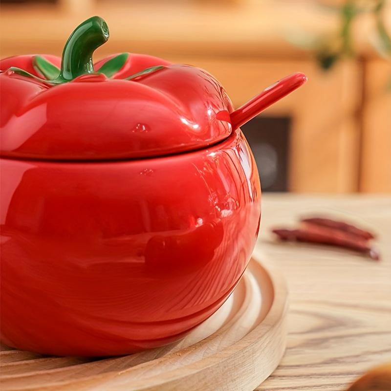 Sugar Bowl Tomato Ceramic Spice Jar Storage Jar with Spoon Kitchen Dining Table Seasoning Container Christmas Home Decorative