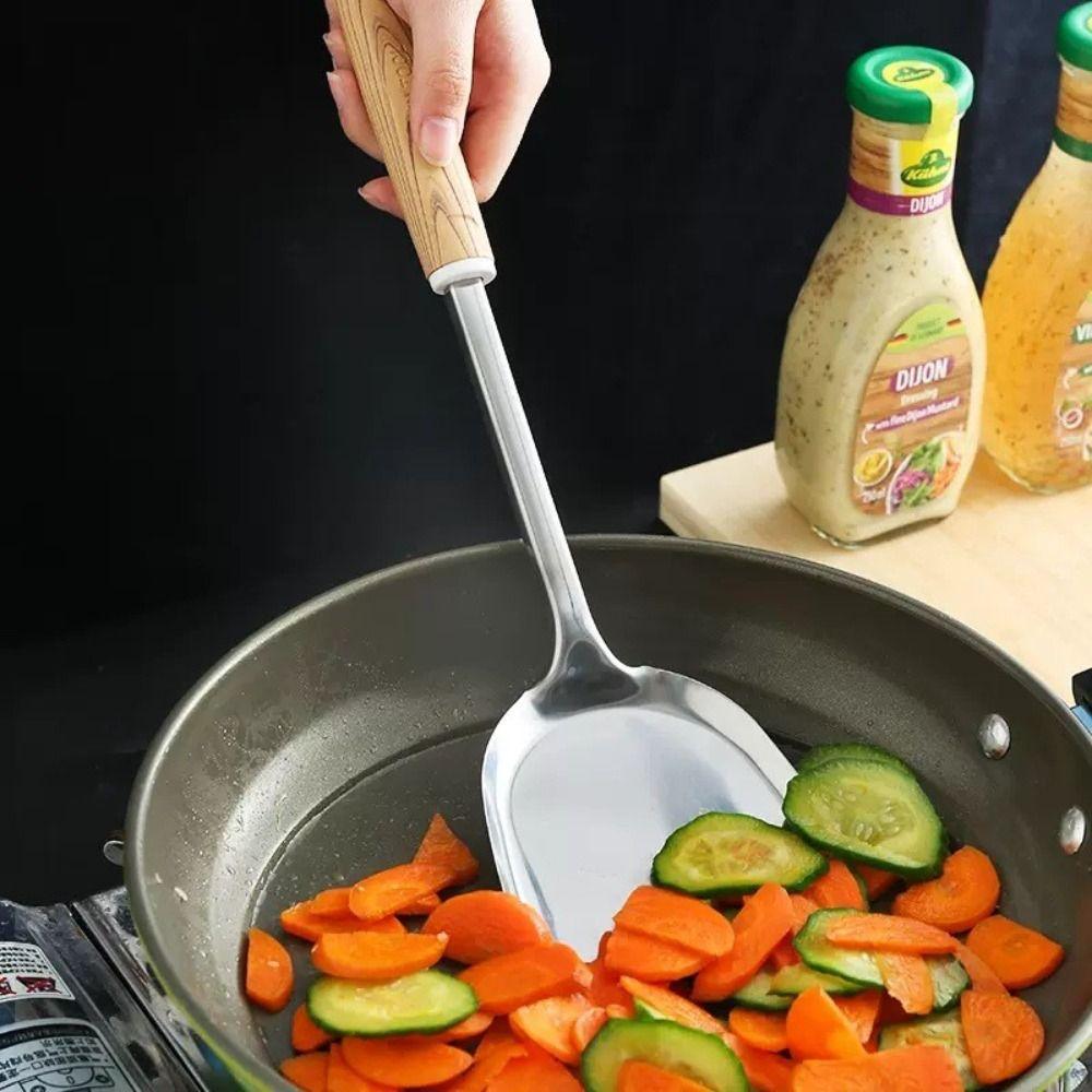 Durable Stainless Steel Kitchen Stir Fry Spoon Wood Handle Anti-scald Cooking Spatula Frying Spatula Kitchen Tools