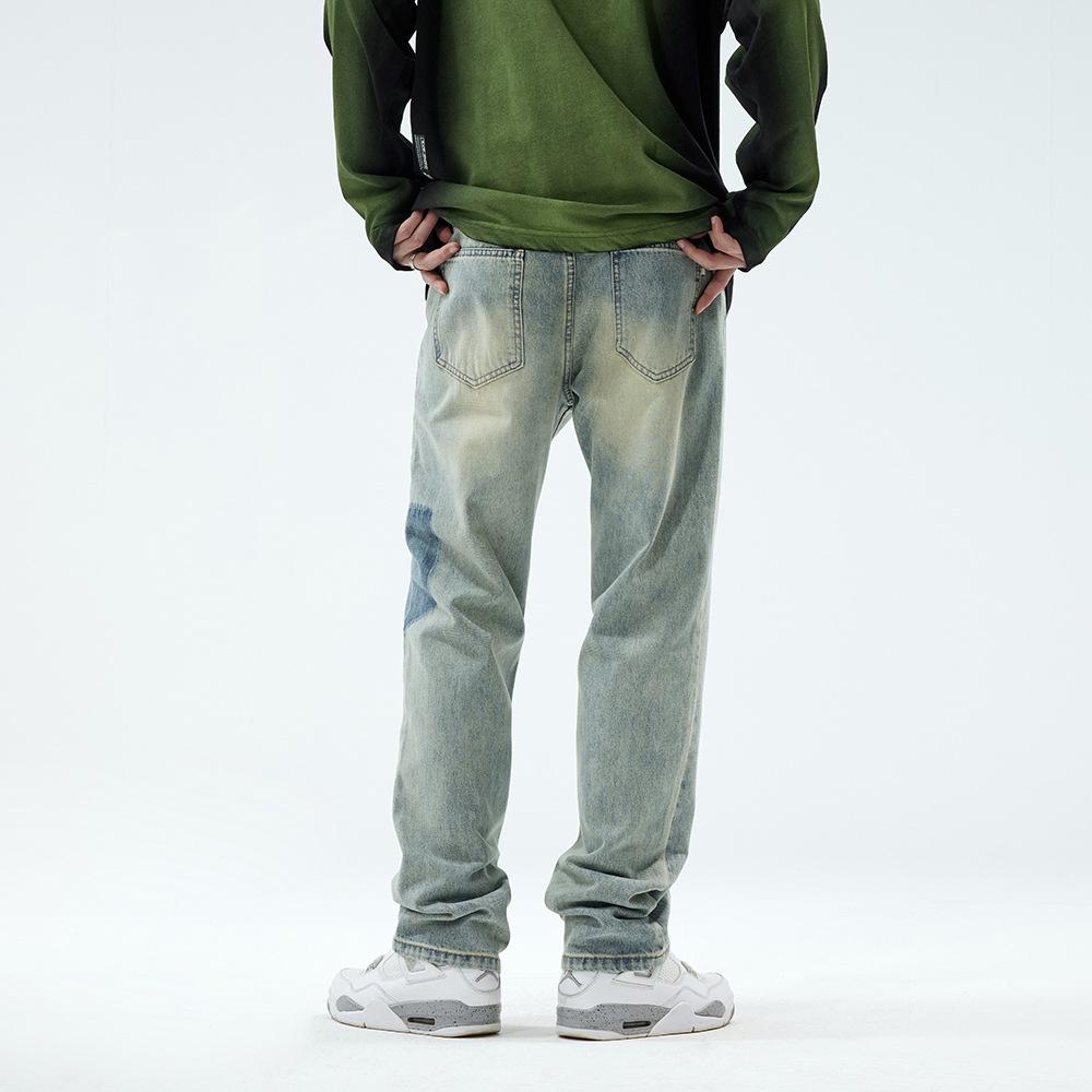 American street washed contrasting jeans men's and women's versatile retro straight-leg pants high street old casual trousers